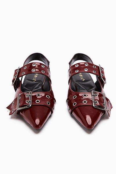 Limoya Davin Burgundy Patent Leather Belted Pointed Toe Women's Sandals
