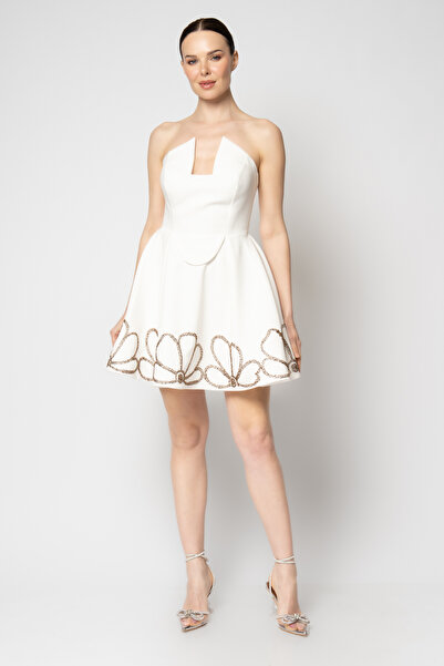 RENGIN Etek uçları çiçek desen taşlı krep abiye elbise