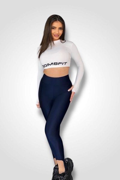 BOMBFIT Colanti Luciosi Navy Strippy Premium, talie inalta, Banda Elastica la...