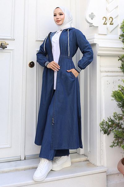 Modamihram Elastic Waist Hooded Denim Suit Dark Blue 19370