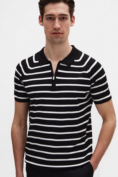 D'S Damat Πλεκτό μπλουζάκι με φερμουάρ Slim Fit Black Rayon Polo Collar