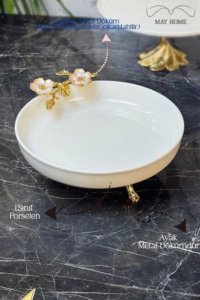 MAY HOME Laleyza Base Pedestal Presentation Bowl & Porcelain Gold Detailed Pedestal Bowl