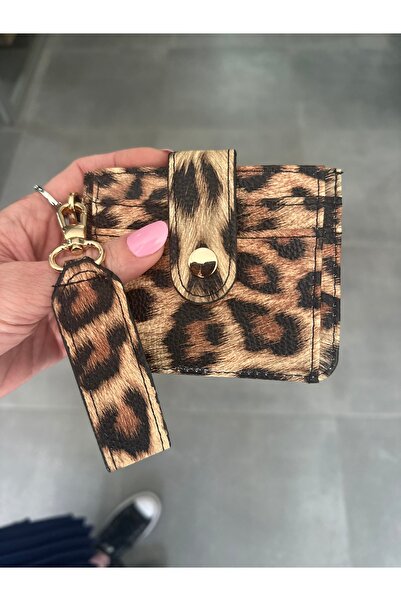 Melos Butik Women's Minimal Card Holder Detailed Wallet with Leopard Keychain Accessory
