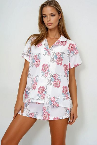 VAGGON Patterned Buttoned Front Woven Shirt and Shorts Pajama Set