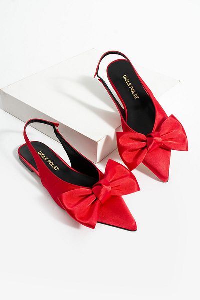 diclepolat Xena Red Satin Bow Detailed Pointed Toe Women's Ballerina Shoes