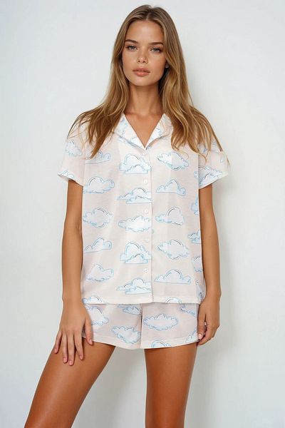VAGGON Women's Ecru Cloud Patterned Knitted Cotton Shirt and Shorts Pajamas Set Pjmx13887