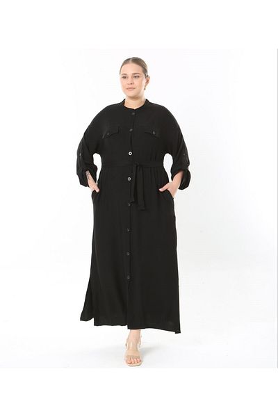 Şans Women's Plus Size Black, Front Length Button, Adjustable Sleeve, Belted Long Dress 65N38957