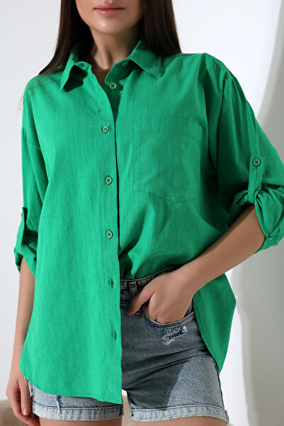 Corradeo Giyim New Season Oversize Pattern Linen Fabric Applique Women's Shirt with Pockets and Epaulettes