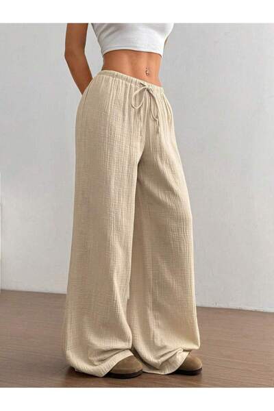 MOONBULL Kadın Bürümcük Kumaş Bel Bağlamalı Dokuma Geniş Paça Pantolon