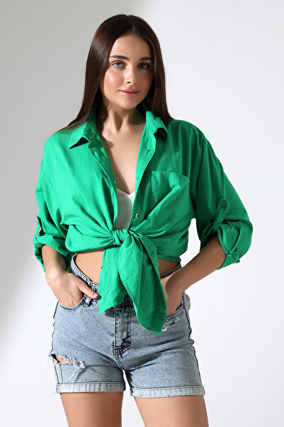 Corradeo Giyim New Season Oversize Pattern Linen Fabric Applique Women's Shirt with Pockets and Epaulettes