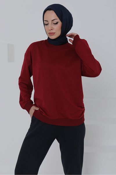 TOFİSA Women's Crew Neck Oversize Sweatshirt Claret Red - 26567