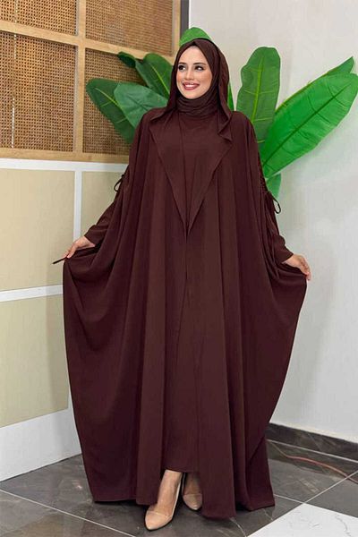 Bym Fashion Hooded Abaya and Robe Double Set 70013 Brown