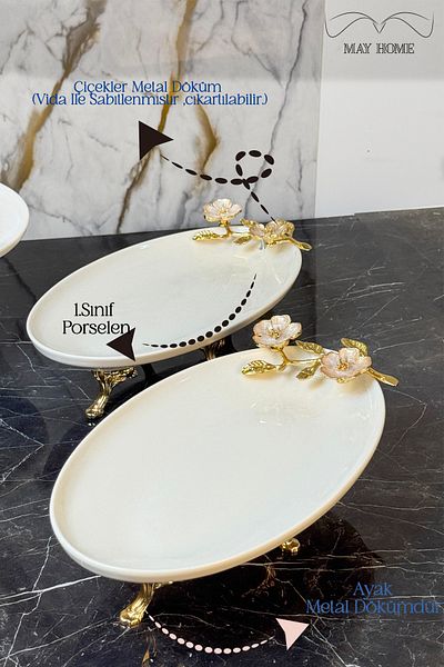 MAY HOME Laley Sole Footed 2-Piece Oval Appetizer Presentation Plate & Porcelain Boat Plate