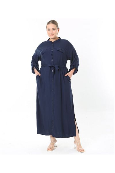 Şans Women's Plus Size Beige, Front Length Button, Adjustable Sleeve, Belted Long Dress 65N38957