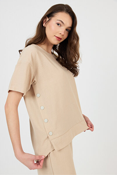 zitex Beige Crew Neck Linen Bottom Top Set