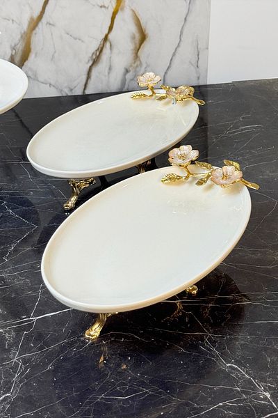 MAY HOME Laley Sole Footed 2-Piece Oval Appetizer Presentation Plate & Porcelain Boat Plate