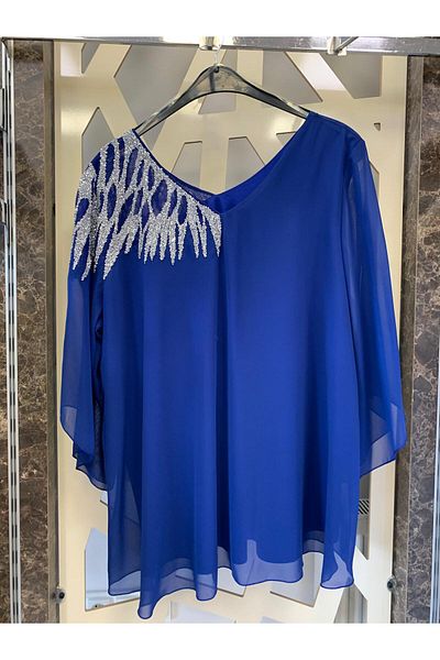 günay boutıque Large Size One Shoulder Stone Embroidered Blouse - Sax Blue