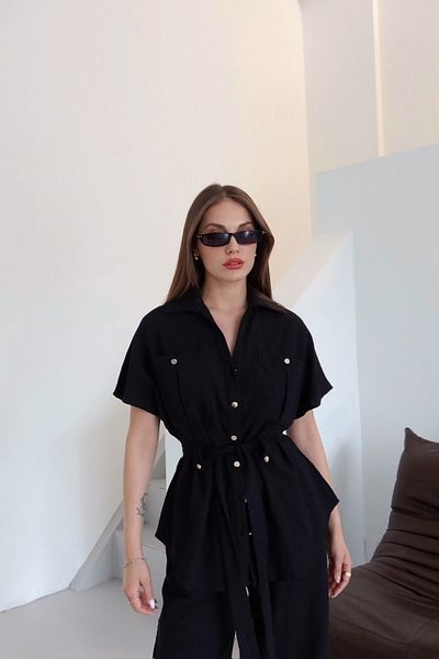 Laluvia Set pantaloni bluză cu curea cu nasturi negre - 7207