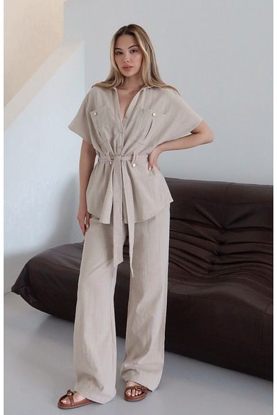 Laluvia Natural Buttoned Belted Blouse Trousers Set - 7207