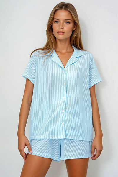 VAGGON Set de pijamale pentru femei, cămașă și pantaloni scurți din bumbac tricotat cu model linie albastră Pjmx13884