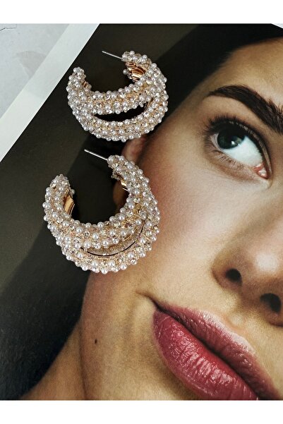 Pinery Jewels Limited Edition - 3 Sıra İnci ve Zirkon Taş Detaylı Maxi Boy Abiye Küpe Çifti