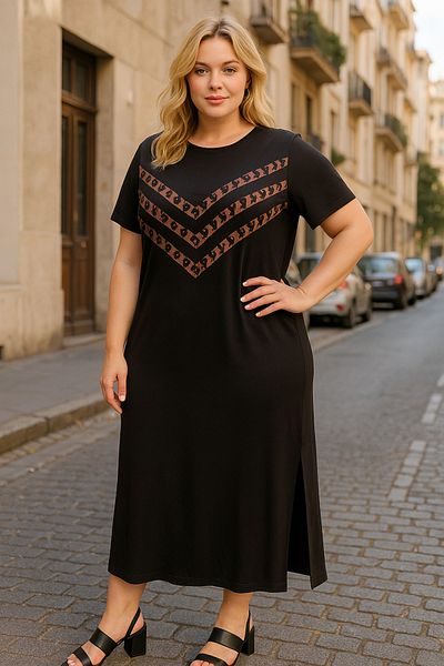 SOSA Plus Size Black Leopard Detail Slit Short Sleeve Dress