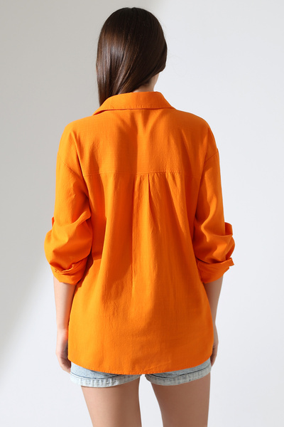 Corradeo Giyim New Season Oversize Pattern Linen Fabric Applique Women's Shirt with Pockets and Epaulettes