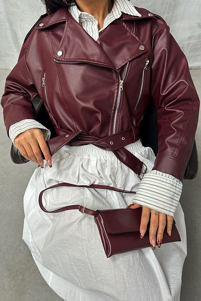 moda armanc Crop Biker Leather Jacket with Waist Belt Detail