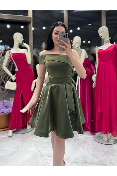 missswans Nona Shoulder Detailed Shiny Mini Skirt Flared Dress Evening Dress Khaki Green