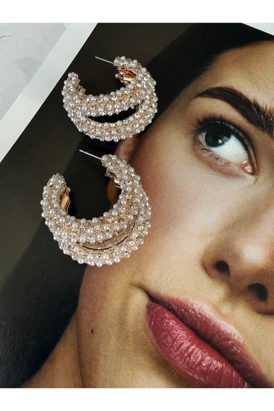 Pinery Jewels Limited Edition - 3 Sıra İnci ve Zirkon Taş Detaylı Maxi Boy Abiye Küpe Çifti