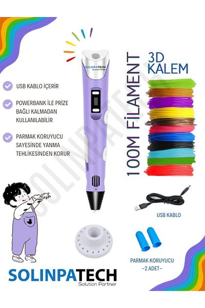 SolinpaTech 3D Pen Three Dimensional Printer Pen Printer-Purple (20 Pcs 5 Meters Filament-100 Meters and USB Cable Included)
