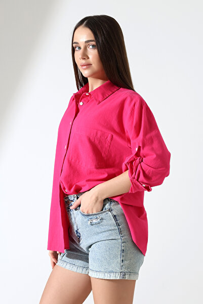 Corradeo Giyim New Season Oversize Pattern Linen Fabric Applique Women's Shirt with Pockets and Epaulettes