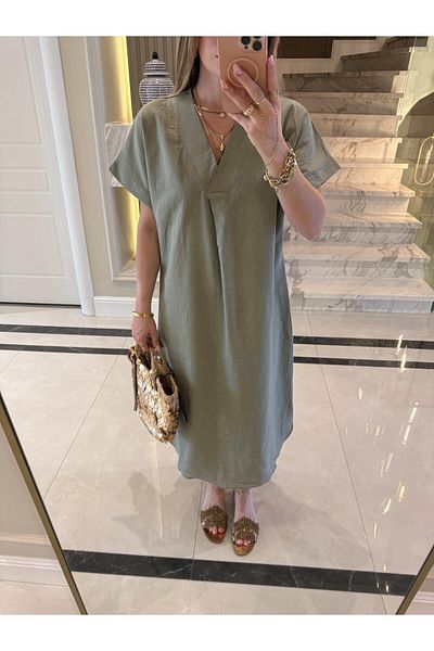 Suzi butik Γυναικείο φόρεμα από λινό χακί V λαιμόκοψη - Ham 3131