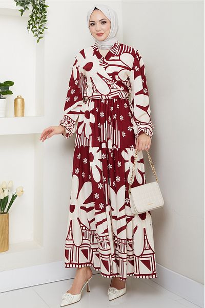 InStyle Set de viscoză burgundă cu model geometric floral