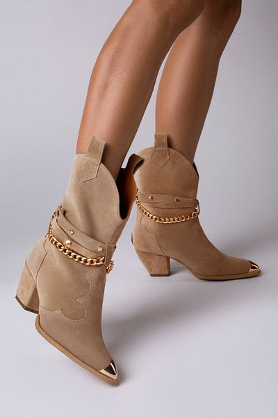 Vanilla Days Bushra Camel Suede Boots with Gold Accessories - Vanilla Days
