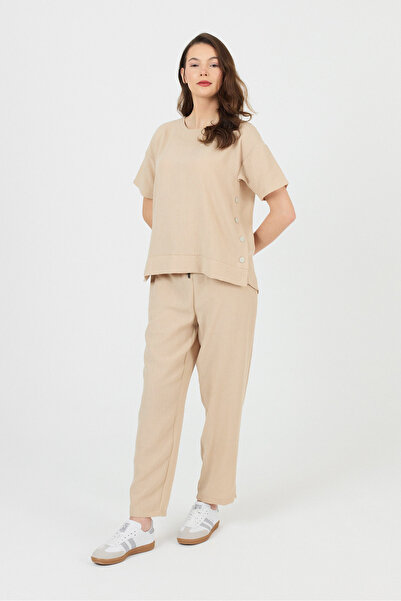 zitex Beige Crew Neck Linen Bottom Top Set