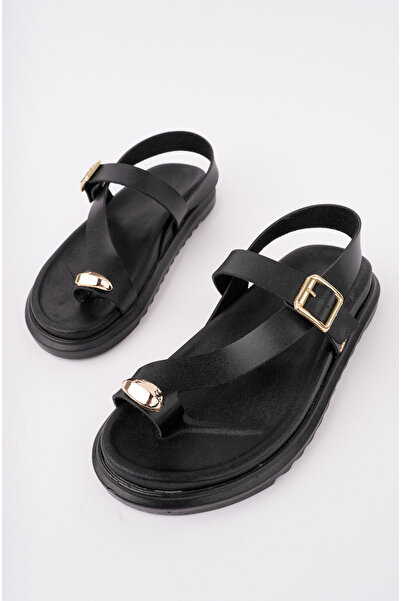 bakacstore Sandale de damă, negre, Daily Gold Ring, cu cataramă