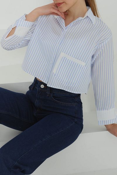 TOFİSA Striped Pocket Short Shirt Baby Blue - 27083