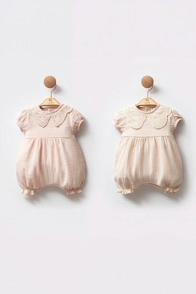 Cassiope Short Sleeve Lace Collar Detailed Summer Cotton Elastic Leg Ruffled Baby Girl Jumpsuit