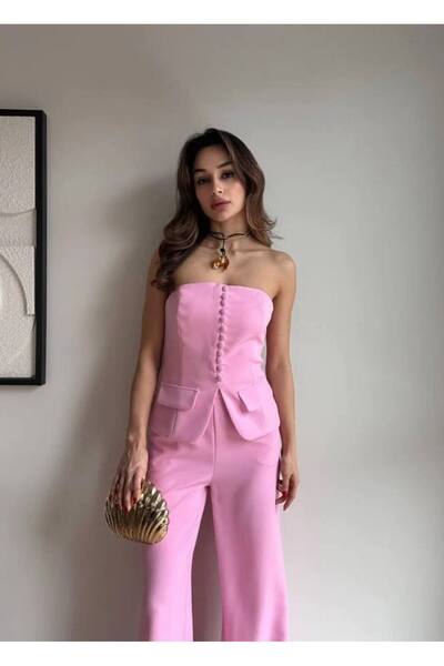 Misscix طقم نسائي مكون من قطعتين بدون حمالات مع تفاصيل أزرار - بوستير بدون حمالات باللون الوردي الفوشيا وبنطلون بالازو
