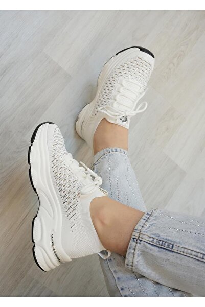 Guja 24y309 Kadın Beyaz Simli Taşlı Parlak Triko Ortopedik Rahat Günlük Yürüyüş Sneaker Spor Ayakkabı