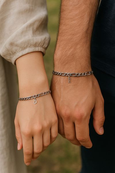 The Collection 2-Piece Unisex Anti-Tarnish Steel Silver Letter Figaro Chain Bracelet (2 Pieces of Lover Friendship Bracelet)
