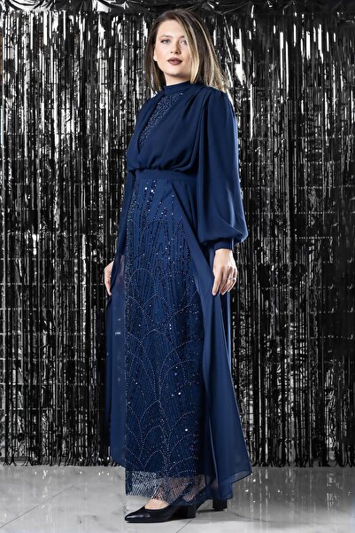 SUBU TASARIM Детальна обробка Шифонове вечірнє плаття Синє TBS954