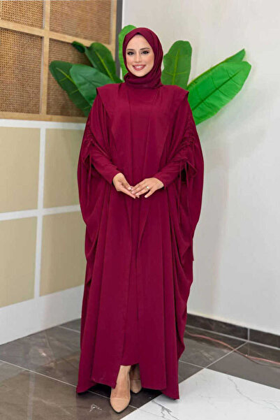 Bym Fashion Hooded Abaya and Dress Double Set 70013 Burgundy