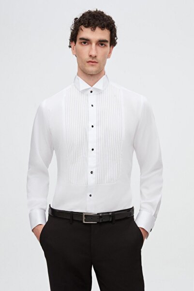 D'S Damat Ds Damat Slim Fit White Plain Tuxedo Shirt