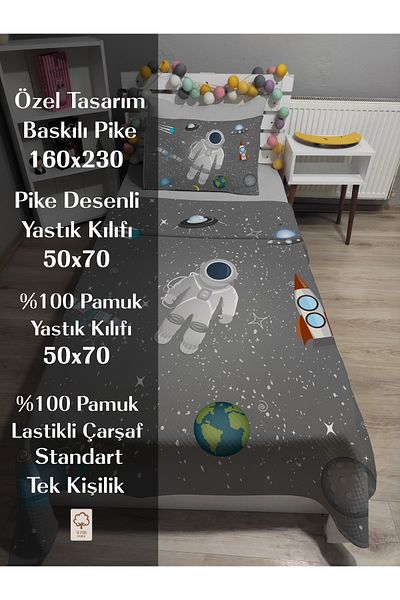 yok yok evim eve dair her şey 4 Piece Astronaut Patterned Single Pique Bedspread Set with Elastic Sheets