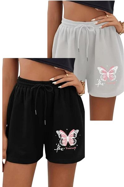 NO 601 Women's 2-Piece Classic Butterfly Printed Combed Cotton Shorts Gray-Black