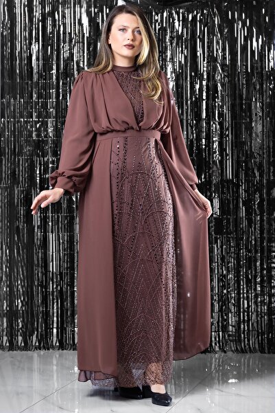 SUBU TASARIM Βραδινό φόρεμα από σιφόν με λεπτομέρεια ροζ αποξηραμένο TBS954