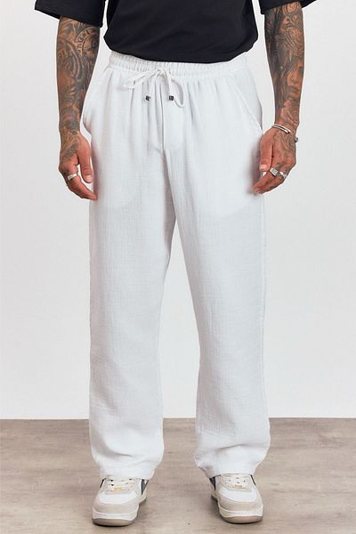Helen Goods Premium Summer 100% Cotton Muslin Men's Linen Trousers with Elastic Waist