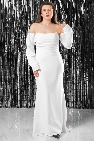 SUBU TASARIM Sleeve Detailed Evening Dress Ecru Tbs378